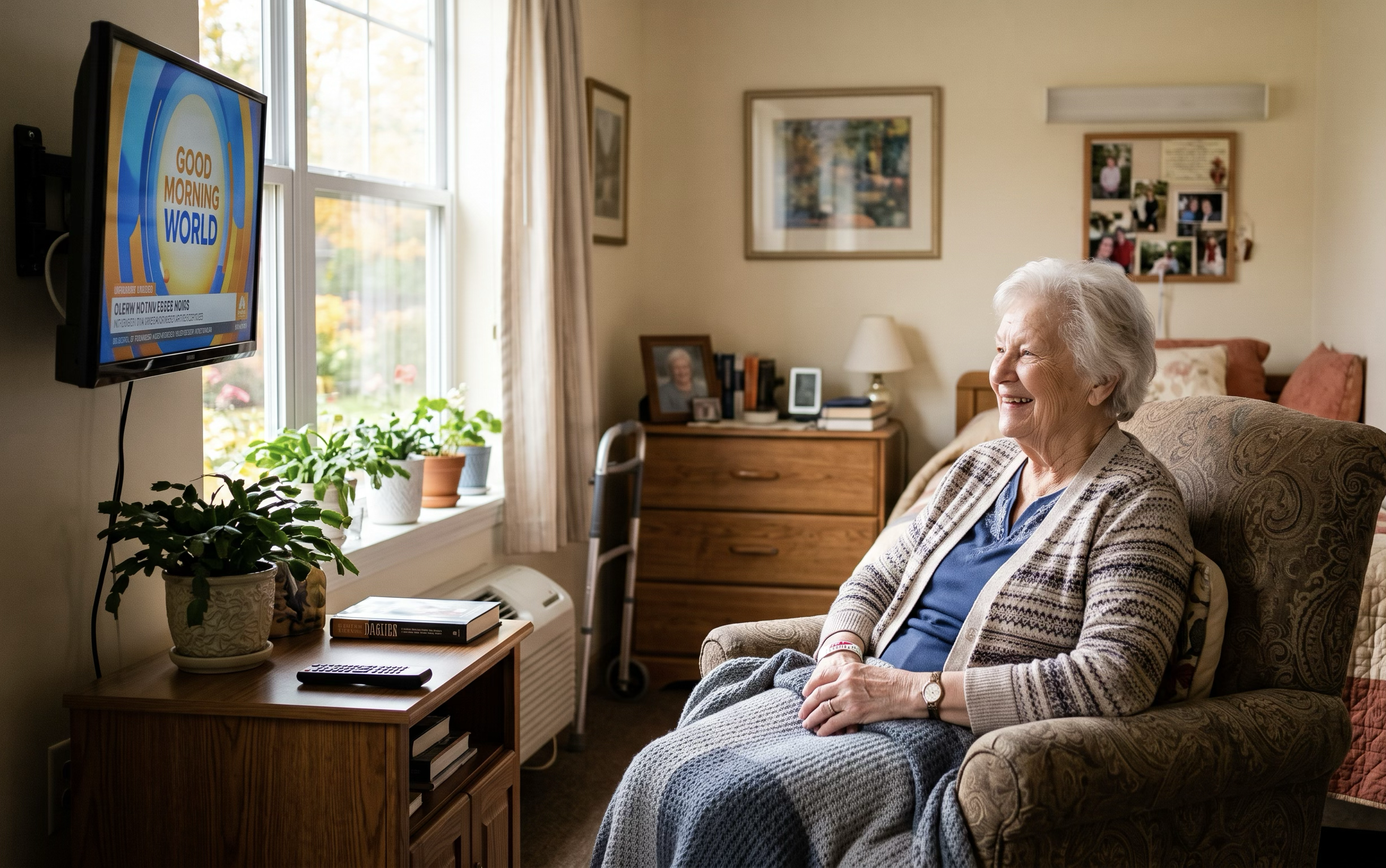 Resident watching TV in a healthcare facility room